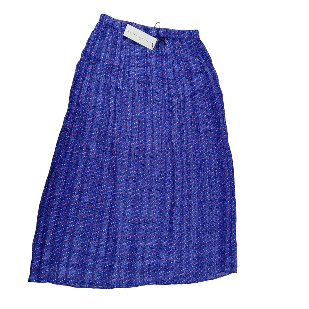 Maison d'Amélie Paris Blue Geometric Pleated Midi Skirt Elastic Waist Size‎ XS
